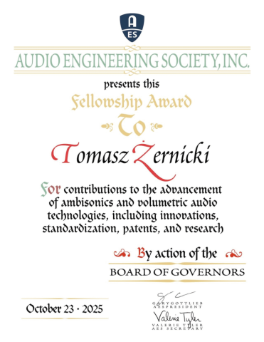 Dr inż. Tomasz Żernicki z tytułem Fellow AES